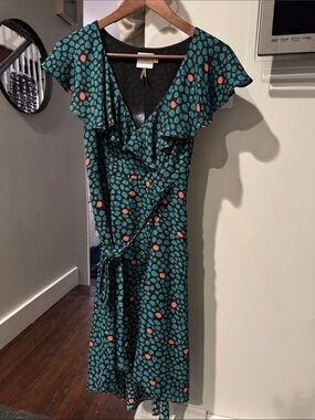 Anthropologie Teal Midi Wrap Dress with Coral Dot Print